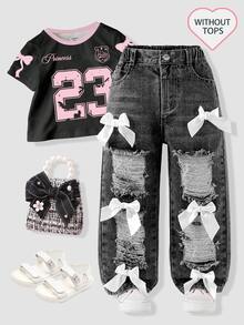 SHEIN 2026 Spring Summer Baby Blue Washed Heavy Ripped Bow Decorated Denim Pants Young Girl Loose Straight Leg Sweet Western Cowgirl Cool Versatile Chic - Dark Grey - View 2