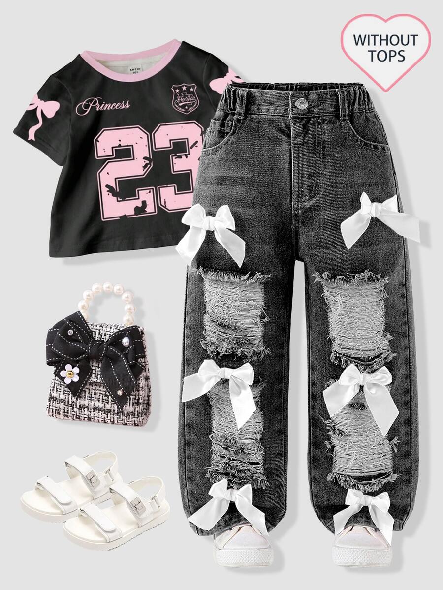 SHEIN 2026 Spring Summer Baby Blue Washed Heavy Ripped Bow Decorated Denim Pants Young Girl Loose Straight Leg Sweet Western Cowgirl Cool Versatile Chic