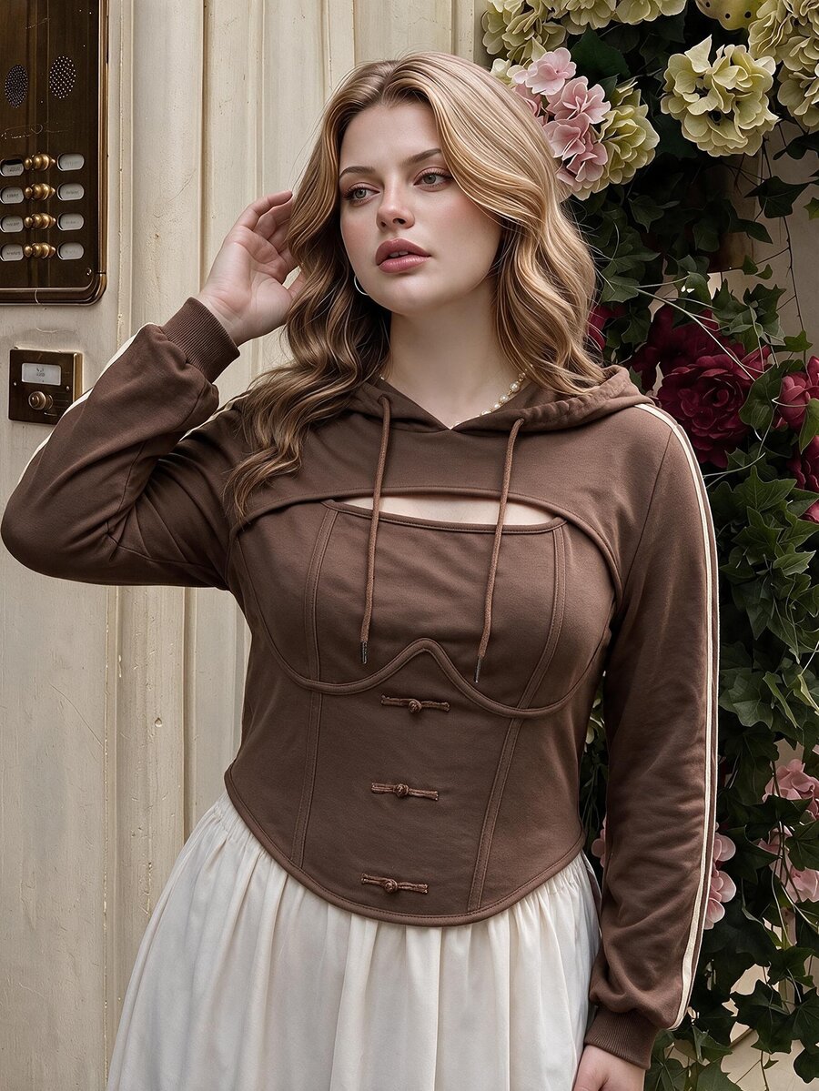 SHEIN MOD كنزة رياضية نسائية مقاس كبير باللون البني بأزرار نابليون وتصميم وهمي من قطعتين، كتل لونية، كاجوال للاستخدام اليومي، مناسبة للمهرجانات والحفلات الموسيقية، خريف/شتاء - بني - مشاهدة 1
