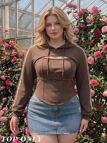 SHEIN MOD كنزة رياضية نسائية مقاس كبير باللون البني بأزرار نابليون وتصميم وهمي من قطعتين، كتل لونية، كاجوال للاستخدام اليومي، مناسبة للمهرجانات والحفلات الموسيقية، خريف/شتاء - بني - مشاهدة 8