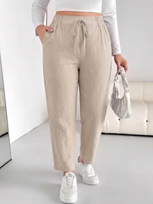 Shapeblank Plus Size Women's Spring And Autumn Fashion Casual Loose Comfortable Tapered Retro Pants, Fall, Simple Style, Women Bottom Winter Fall Solid Khaki - Khaki - View 5