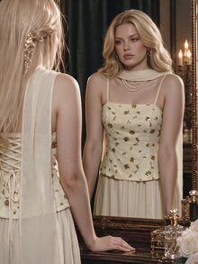 SHEIN MOD فستان كاميسول شيفون بقصة A-Line مقاس كبير مزين بترتر ذهبي وشريط، للخريف والشتاء، لحفلات العطلات وليالي المواعيد الرومانسية بأسلوب كوكييت وحفلات عيد الميلاد - كاكي - مشاهدة 7