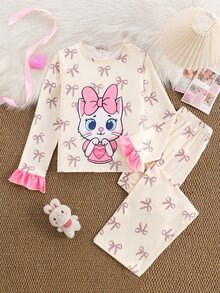 مجموعة ملابس للبنات 2 قطعة بطبعة كرتونية لطيفة، توب برقبة دائرية وأكمام طويلة وبنطال بخصر مطاطي، ناعمة - لون مشمشي - مشاهدة 8