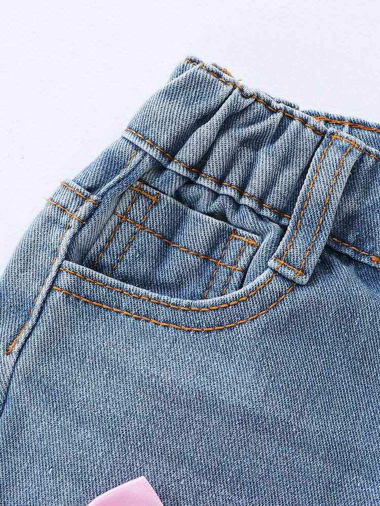 SHEIN Young Girls Loose Straight Leg Distressed Baby Blue Street Style Sweet Cute Big Bow Multiple 3D Pockets Ripped Pants All Seasons Summer Cowgirl - Medium Wash - View 4