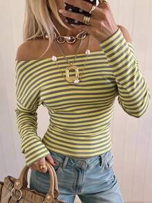 SHEIN EZwear Yellow Striped Knit Women's Long Sleeve Casual T-Shirt - Yellow - View 1