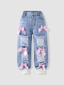 SHEIN Girls' Bowknot Distressed Denim Jeans, Summer New Fashion Casual Style, Vintage Washed Distressed With Pink Bowknot Decoration, Cute And Versatile, Suitable For Spring, Summer And Autumn Wear - Light Wash - View 4