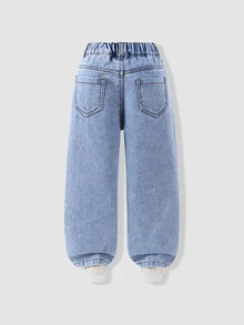 SHEIN Girls' Bowknot Distressed Denim Jeans, Summer New Fashion Casual Style, Vintage Washed Distressed With Pink Bowknot Decoration, Cute And Versatile, Suitable For Spring, Summer And Autumn Wear - Light Wash - View 3