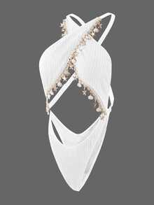 SHEIN Swim بدلة السباحة النسائية بأحادية اللون مزينة بقشر ذات ظهر مفتوح وأمام مزركش للصيف العاري الجذاب - أبيض - مشاهدة 6