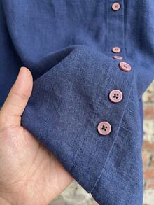 Rusticease Button Detail Round Neck Batwing Sleeve Casual Shirt Women's Summer Cotton Blouses - Navy Blue - View 6