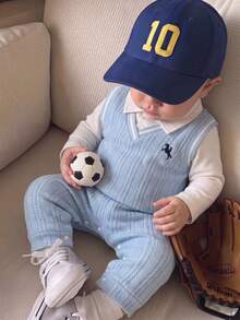 SHEIN Baby Boy Knit Texture Animal Pattern V-Neck Sleeveless Jumpsuit Autumn Fall - Blue and White - View 1
