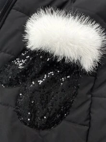 SHEIN 少女中長版連帽填充外套 大毛領 長袖 保暖 亮片設計 學生款 黑白 冬季聖誕 - 黑色 - 查看 6