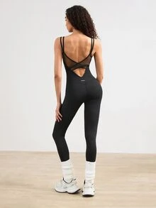 VARSIVA Women's Mesh Patchwork Casual Daily Travel Sports Jumpsuit - Black - View 4