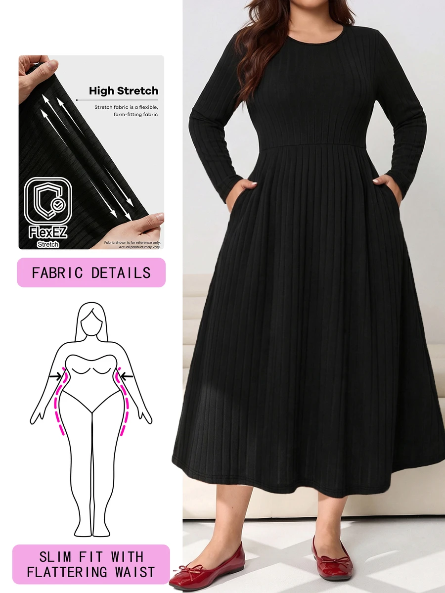 Solflare Plus Size Women's Solid Color Round Neck Long Sleeve Pocket Casual Dress - Black - View 1