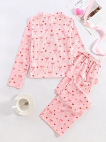 Tween Girl 2Pcs Cute Kids Bow & Heart Print Ribbed Long-Sleeve Pajama Set, With Button Top Paired With Ruffled Pants, Suitable Outdoor Wear - Pink - View 5