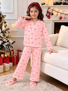 Tween Girl 2Pcs Cute Kids Bow & Heart Print Ribbed Long-Sleeve Pajama Set, With Button Top Paired With Ruffled Pants, Suitable Outdoor Wear - Pink - View 2