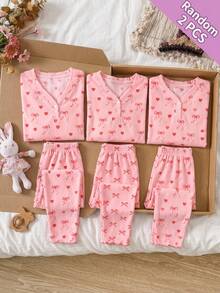 Tween Girl 2Pcs Cute Kids Bow & Heart Print Ribbed Long-Sleeve Pajama Set, With Button Top Paired With Ruffled Pants, Suitable Outdoor Wear - Pink - View 1
