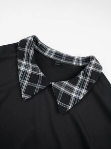 Modelyn Plus Size Women's Black Knit Collar Striped Patchwork Long Sleeve Asymmetrical Hem Elegant Commuter T-Shirt - Multicolor - View 3