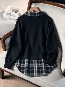Modelyn Plus Size Women's Black Knit Collar Striped Patchwork Long Sleeve Asymmetrical Hem Elegant Commuter T-Shirt - Multicolor - View 2