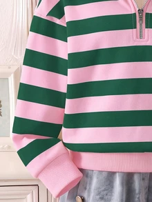 Tween Girls Classic Pink & Green Striped Half-Zip Polo Sweatshirt, Striped Print Sweet Girl Long Sleeve Sweatshirt, Exquisite Teen Girls Classic Striped Sweatshirt, Suitable For Autumn/Winter, Unique Striped Pattern, Simple Casual Daily Style, Back To School Essential, Comfortable And Relaxed, Family Outings - Multicolor - View 4