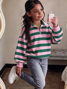 Tween Girls Classic Pink & Green Striped Half-Zip Polo Sweatshirt, Striped Print Sweet Girl Long Sleeve Sweatshirt, Exquisite Teen Girls Classic Striped Sweatshirt, Suitable For Autumn/Winter, Unique Striped Pattern, Simple Casual Daily Style, Back To School Essential, Comfortable And Relaxed, Family Outings - Multicolor - View 3