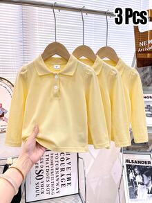 SHEIN Young Girls 3 Pieces Long Sleeve Polo Shirts T-Shirts Basic Solid Color Fitted Suitable For Back To School Season Baby Shower Baby Yellow Fall - Yellow - View 5