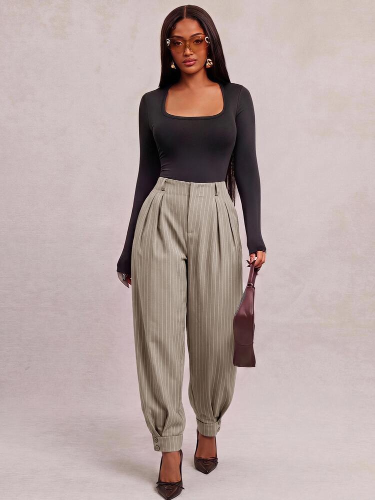 Radiana Curve Plus Size Casual Elegant Olive Green Pleated Pocket Pants For Business Formal Office Summer - Khaki - View 8