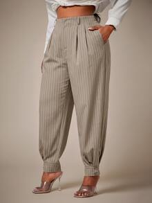 Radiana Curve Plus Size Casual Elegant Olive Green Pleated Pocket Pants For Business Formal Office Summer - Khaki - View 3