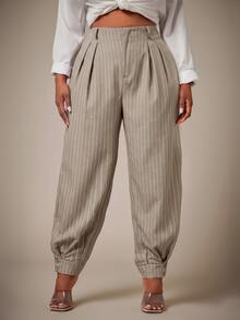 Radiana Curve Plus Size Casual Elegant Olive Green Pleated Pocket Pants For Business Formal Office Summer - Khaki - View 6