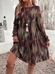 Travachic Plus Size Women's Tie-Dye Casual Round Neck Long Sleeve Dress - Multicolor - View 4