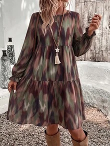 Travachic Plus Size Women's Tie-Dye Casual Round Neck Long Sleeve Dress - Multicolor - View 6