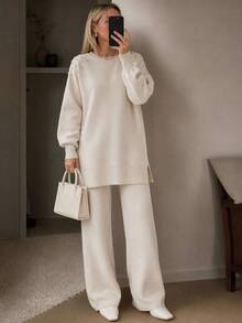 EURMUSE Women's Faux Pearl Embellished Colorblock White Sweater And Pants Set - White - View 2