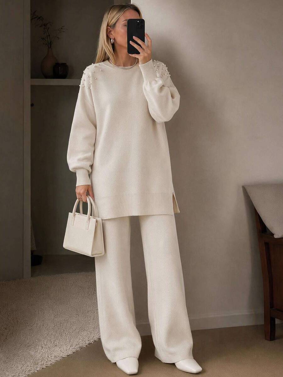 EURMUSE Women's Faux Pearl Embellished Colorblock White Sweater And Pants Set