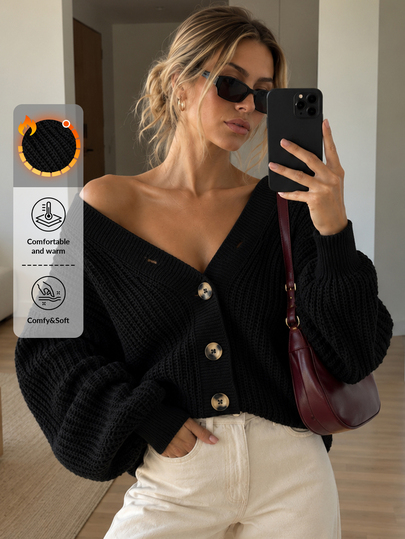 EURMUSE Women's Cardigan With Front Button And Drop Shoulder