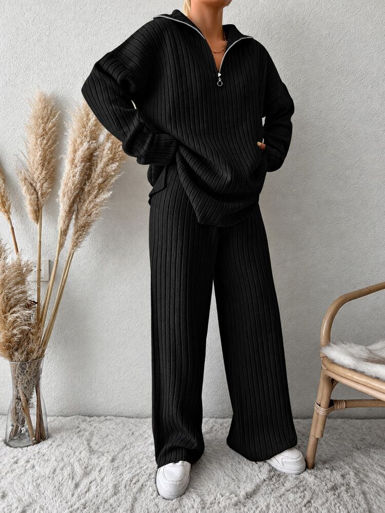 EURMUSE Drop Shoulder Zipper Half Placket Knit Sweater And Knitted Pants Two Piece Set - Black - View 7