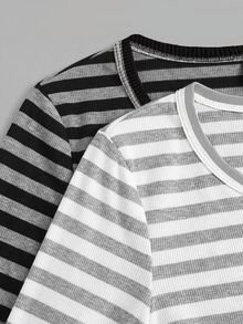 Tseoso 2-Pack Of Women's Striped Button-Down Half-Front Long-Sleeved Casual T-Shirts Durable Basic Style, All-Match And Suitable For Everyone, Street Fashion - Multicolor - View 3