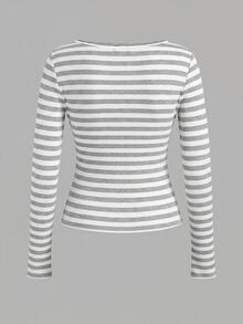 Tseoso 2-Pack Of Women's Striped Button-Down Half-Front Long-Sleeved Casual T-Shirts Durable Basic Style, All-Match And Suitable For Everyone, Street Fashion - Multicolor - View 5