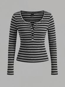 Tseoso 2-Pack Of Women's Striped Button-Down Half-Front Long-Sleeved Casual T-Shirts Durable Basic Style, All-Match And Suitable For Everyone, Street Fashion - Multicolor - View 6