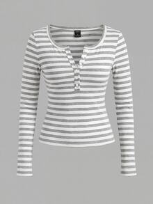 Tseoso 2-Pack Of Women's Striped Button-Down Half-Front Long-Sleeved Casual T-Shirts Durable Basic Style, All-Match And Suitable For Everyone, Street Fashion - Multicolor - View 4