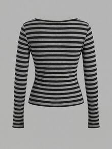 Tseoso 2-Pack Of Women's Striped Button-Down Half-Front Long-Sleeved Casual T-Shirts Durable Basic Style, All-Match And Suitable For Everyone, Street Fashion - Multicolor - View 7