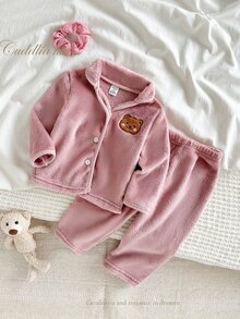 Baby Girls' Plush Bear Embroidered Long Sleeve Cardigan Top Pants Pajama Set Fall Autumn/Winter Home Soft Pink Cute - Pink - View 2