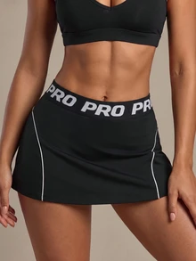 CourtClass CourtClass Women's Sports Skort With Letter Jacquard Elastic Waistband, Black And White A-Line Side Slit, Phone Pocket, For Outdoor Exercise - Black and White - View 3