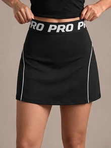 CourtClass CourtClass Women's Sports Skort With Letter Jacquard Elastic Waistband, Black And White A-Line Side Slit, Phone Pocket, For Outdoor Exercise - Black and White - View 5