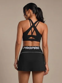 CourtClass CourtClass Women's Sports Skort With Letter Jacquard Elastic Waistband, Black And White A-Line Side Slit, Phone Pocket, For Outdoor Exercise - Black and White - View 8