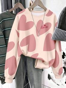 Sweet Girl's Favorite Heart Sweatshirt, Creamy Apricot Base With Large Bean Paste Heart All-Over Print, Exquisite Love Detail Pattern, Loose Drop Shoulder Fit To Hide Body And Look Slim, Soft And Comfortable. Gentle Atmosphere, Easy To Match Everyday Pullover Top. - Multicolor - View 3