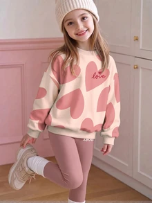 Sweet Girl's Favorite Heart Sweatshirt, Creamy Apricot Base With Large Bean Paste Heart All-Over Print, Exquisite Love Detail Pattern, Loose Drop Shoulder Fit To Hide Body And Look Slim, Soft And Comfortable. Gentle Atmosphere, Easy To Match Everyday Pullover Top. - Multicolor - View 4