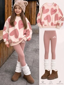 Sweet Girl's Favorite Heart Sweatshirt, Creamy Apricot Base With Large Bean Paste Heart All-Over Print, Exquisite Love Detail Pattern, Loose Drop Shoulder Fit To Hide Body And Look Slim, Soft And Comfortable. Gentle Atmosphere, Easy To Match Everyday Pullover Top. - Multicolor - View 5