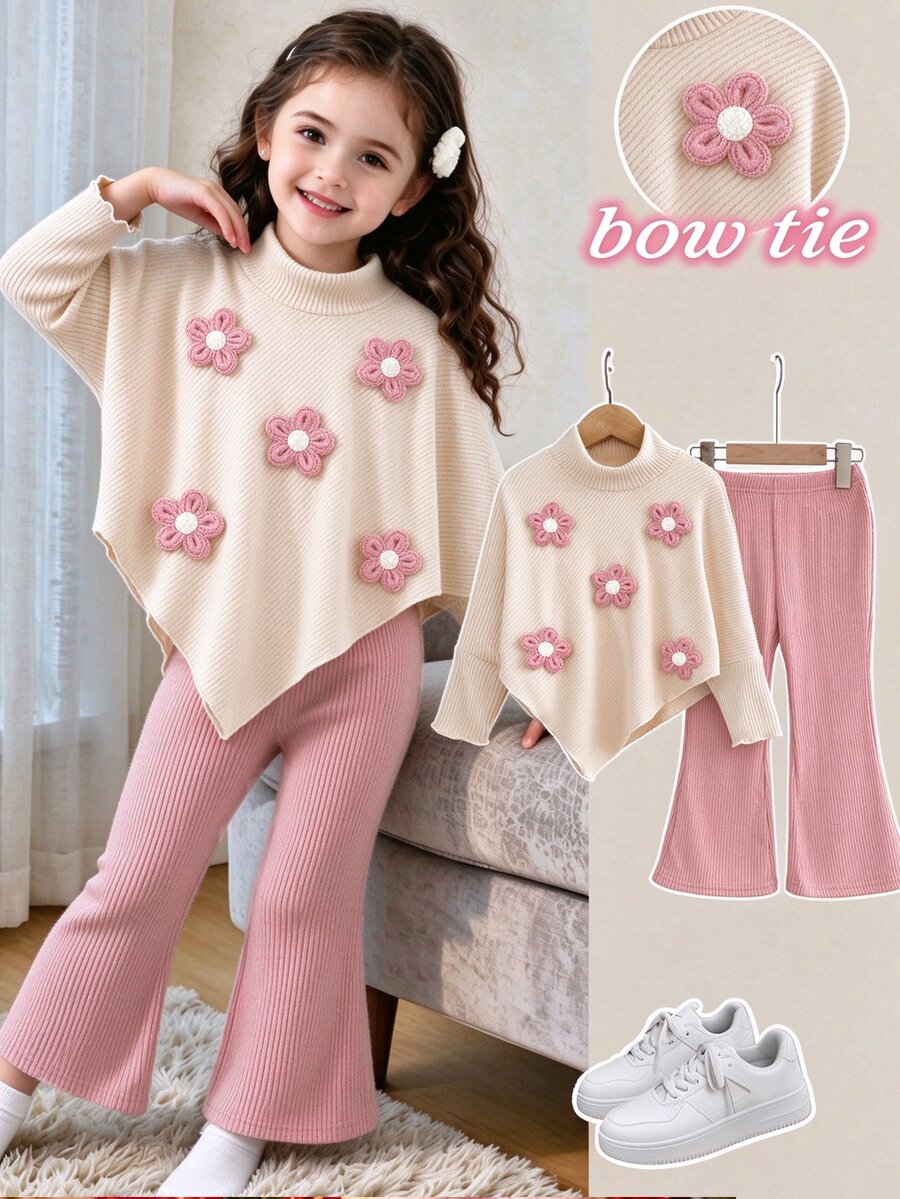 SHEIN 2pcs/Set Girls Toddler Outfit, Gentle Vintage Style, 3D Crochet Floral Applique Decor, High Neck Batwing Long Sleeve Top, Flare Pants, Matching Set - Pink - View 1
