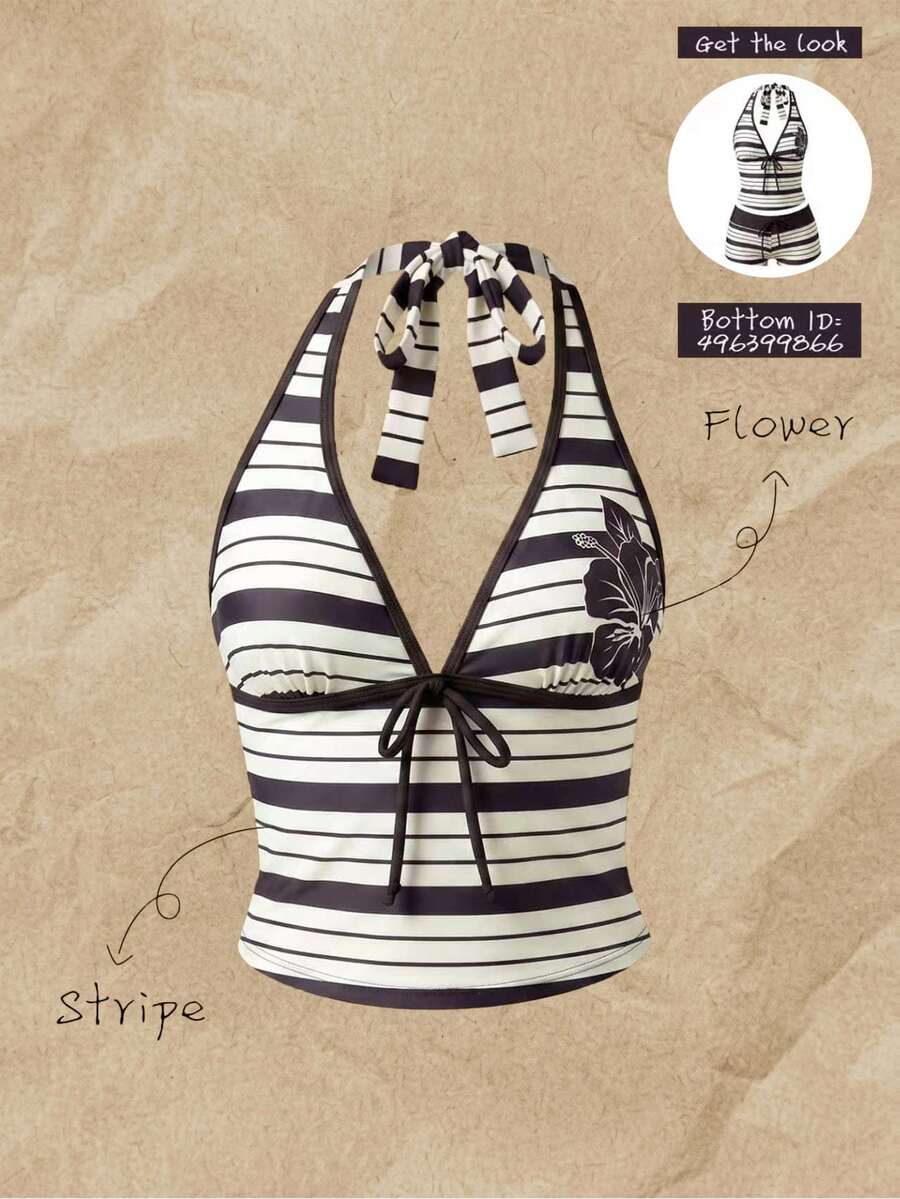 SHEIN Swim Women's Spring/Summer Random Print Spaghetti Strap Bow Tank Top Bikini Top - Multicolor - View 1