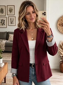 Elouméa Women's Lapel Neck Long Sleeve Single-Breasted Casual Blazer - Burgundy - View 1