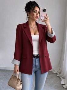 Elouméa Women's Lapel Neck Long Sleeve Single-Breasted Casual Blazer - Burgundy - View 3
